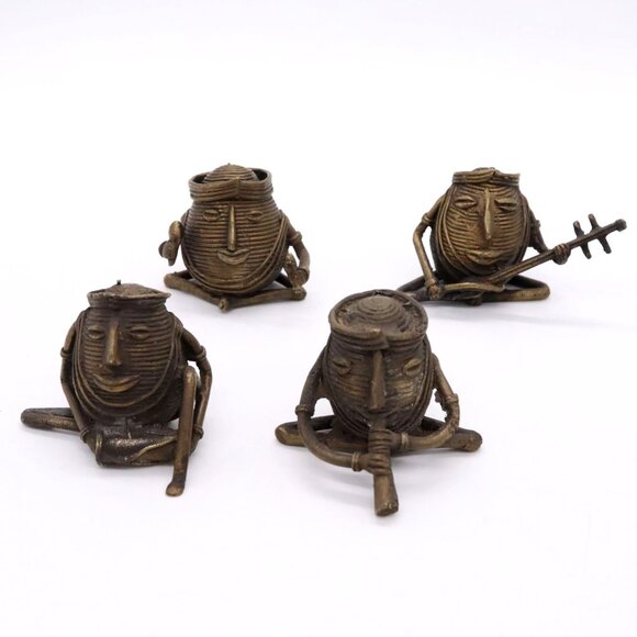 Other - Set of 4 Indian Dhokra Musician Figures Drums Flute Sitar 2" Tribal Music Art Yo